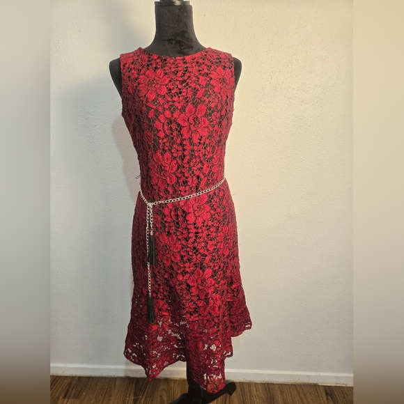 Karl Lagerfeld Dresses & Skirts - Karl Lagerfeld Crimson Floral Lace Midi Dress with Chain Tassel Belt Size 6